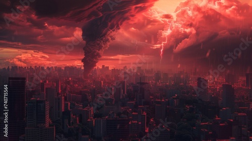 Volcanic Eruption Urban Nightmare - The sheer force of a volcanic eruption over a densely populated city, with ash clouds and lightning, evokes fear and the power of earth.