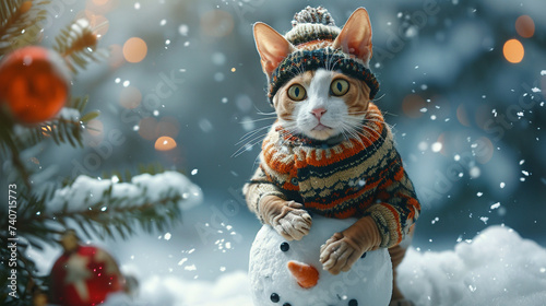 a sphynx cat wearing a sweater and a hat standing on a snowman. background with a snowy landscape and a pine tree.