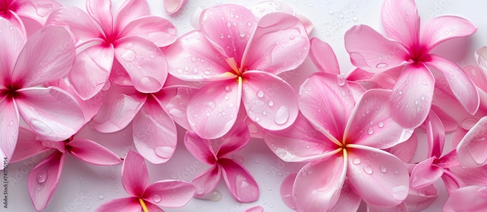 Fototapeta premium A variety of pink flowers with water drops, showcasing the beauty of flowering plants in shades of pink and magenta, against a white background