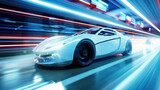 Futuristic car driving through a tunnel 
