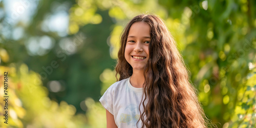 A smiling 12 year old girl with long natural hair poses