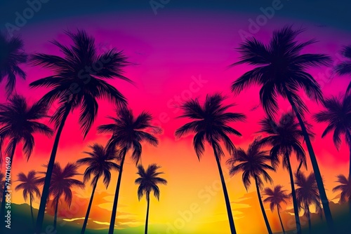 Silhouette of palm tree  Panorama of sunset of tropical coastline Purple sunset with clouds Violet sunset  © Umar