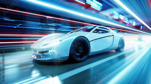 Futuristic car driving through a tunnel 