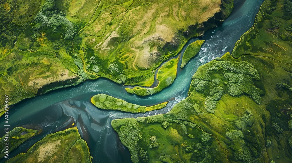 An aerial picture of an icelandic river - obrazy, fototapety, plakaty 