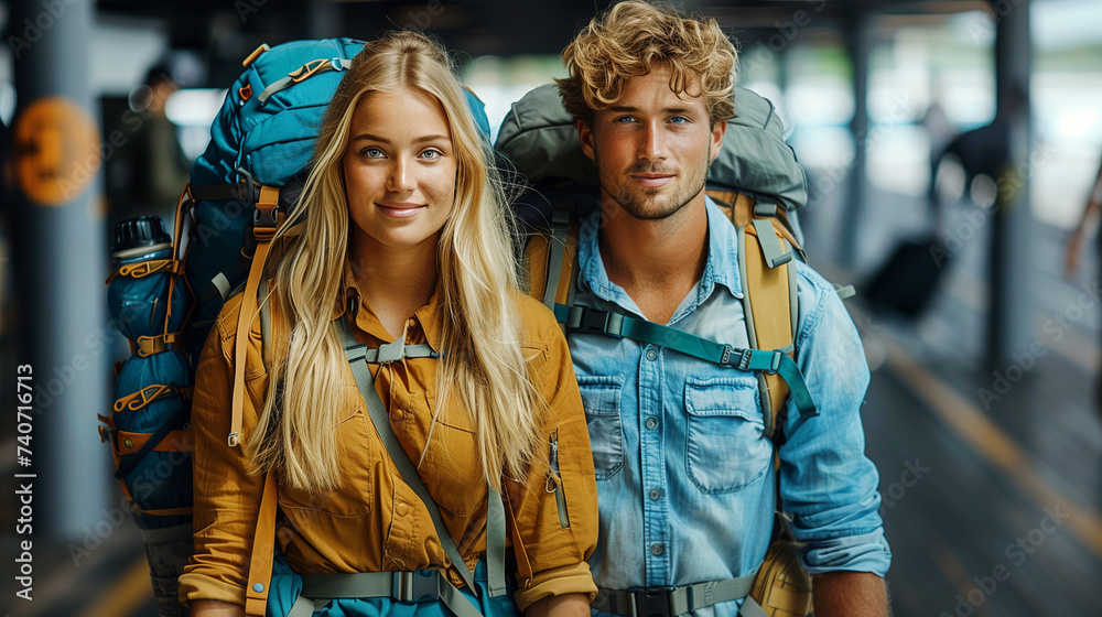 Enthusiastic and stylish married backpackers stepping into summer adventures at a global airport.