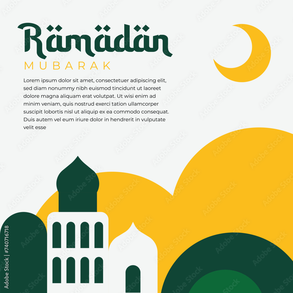 Flat background vector illustration with Ramadan theme. Islamic background with green, yellow and white colors. Mosque flat illustration. Suitable for greeting cards, posters, flyers, banners, etc.