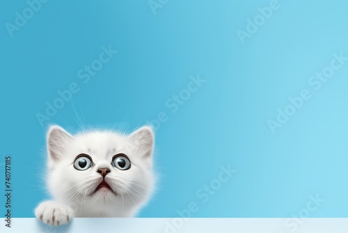  Cute banner with a real cat looking up on solid blue background