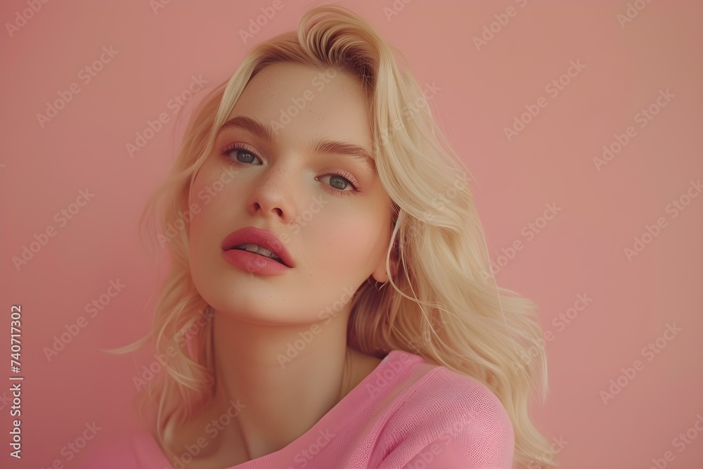Blonde woman poses confidently against soft pink backdrop radiating natural beauty. Concept Portrait Photography, Confidence, Soft Colors, Natural Beauty, Poses Blonde woman poses confidently against soft pink backdrop radiating natural beauty. Concept Portrait Photography, Confidence, Soft Colors, Natural Beauty, Poses
