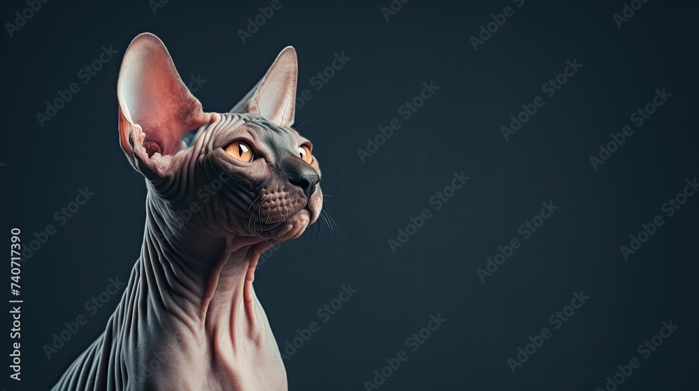 Sphynx cat on a dark background, copy space - generative ai