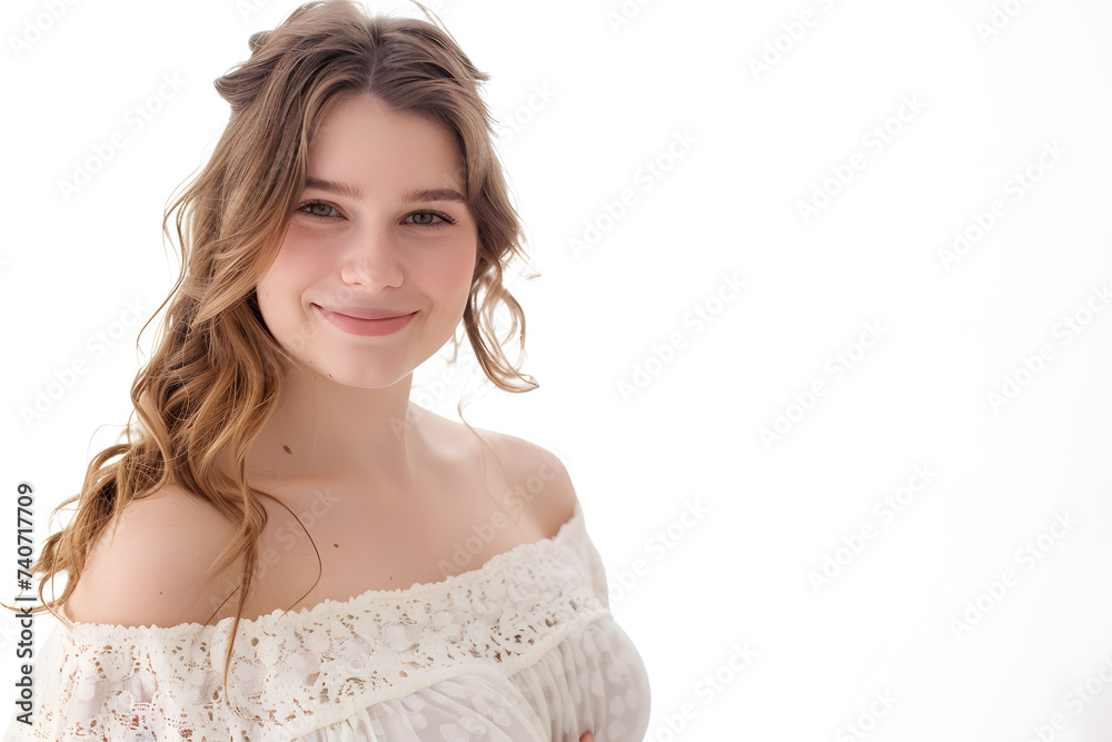 Closeup portrait of smiling young woman on white