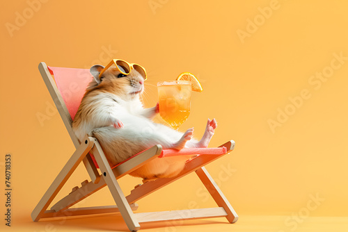 Happy hamster lies on a sun lounger with cocktail on pastel orange background, vacation concept, copy space