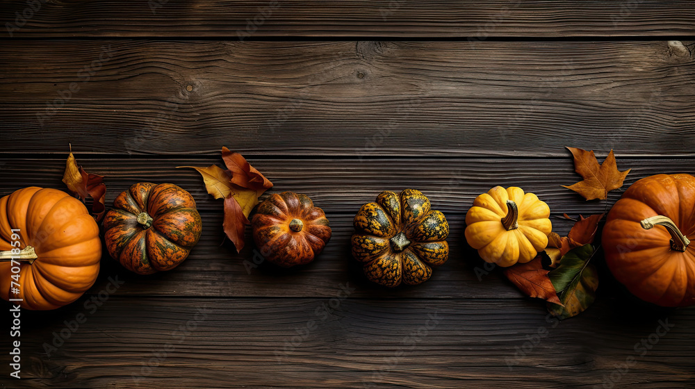 A group of pumpkins with dried autumn leaves and twigs, on a dark brown color wood boards