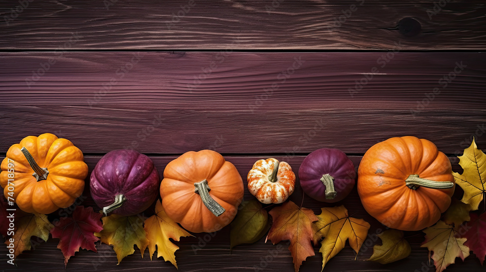 A group of pumpkins with dried autumn leaves and twigs, on a dark maroon color wood boards A group of pumpkins with dried autumn leaves and twigs, on a dark maroon color wood boards