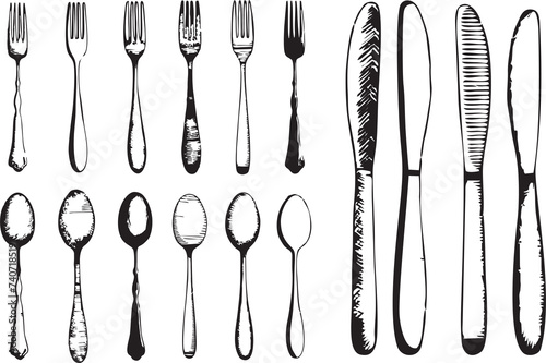 Set of hand drawn fork, knife and spoon icons isolated on white in high resolution illustration. Ready for your design regarding restaurant, food and menu for cafe and catering services.