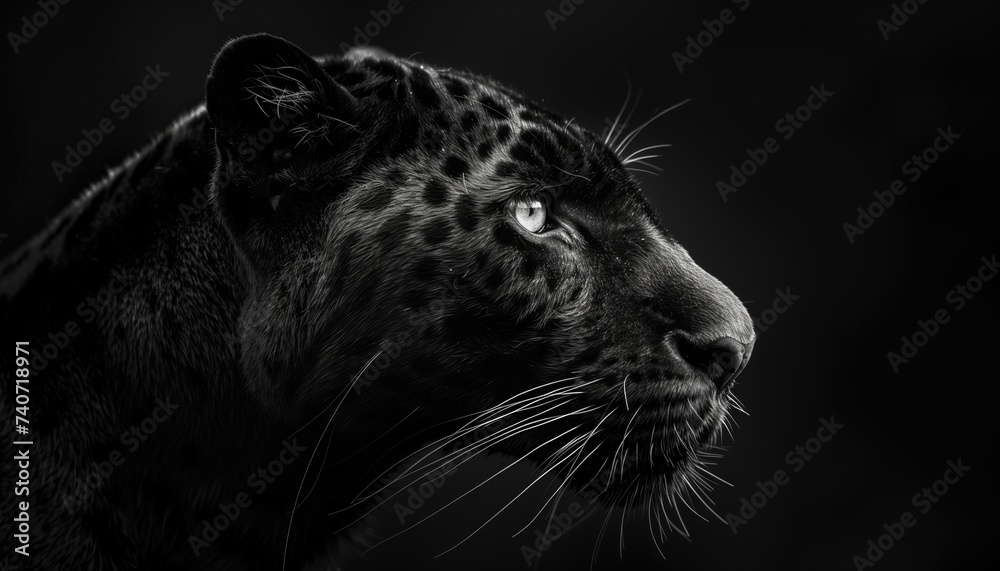 Black background. Black leopard portrait on a black background. Panthera pardus