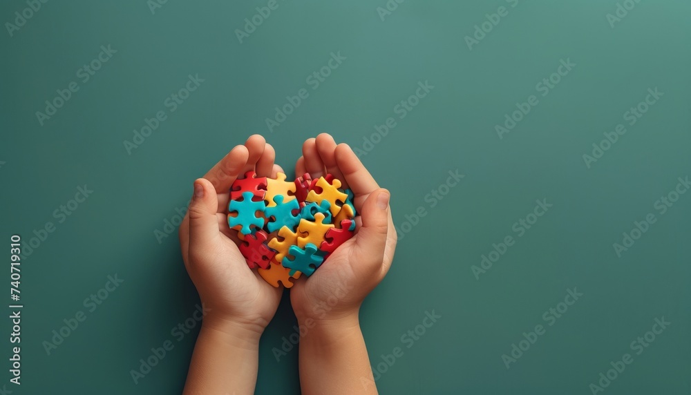 Conceptual image for World Autism Awareness Day featuring children's hands holding colorful puzzle pieces forming a heart shape against a green background Conceptual image for World Autism Awareness Day featuring children's hands holding colorful puzzle pieces forming a heart shape against a green background