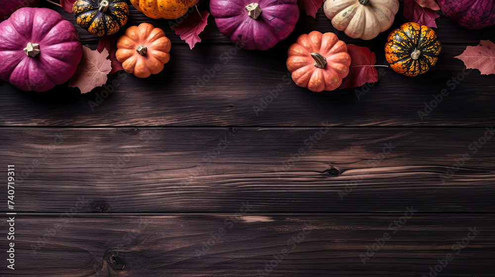 A group of pumpkins with dried autumn leaves and twigs, on a dark magenta color wood boards A group of pumpkins with dried autumn leaves and twigs, on a dark magenta color wood boards