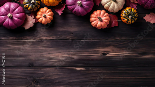 A group of pumpkins with dried autumn leaves and twigs, on a dark magenta color wood boards