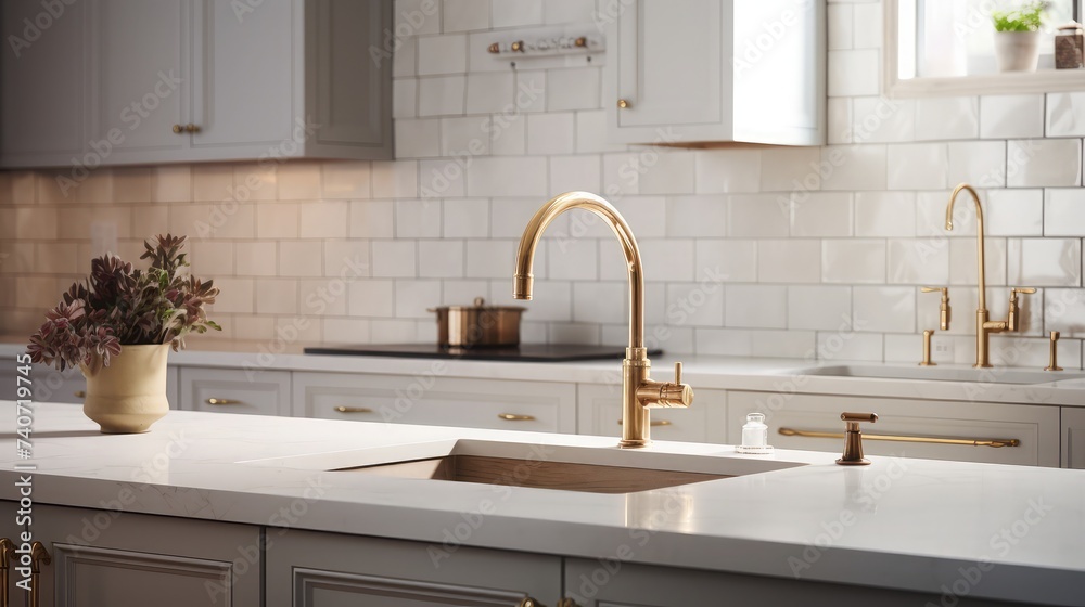 A kitchen detail with white cabinets, gold faucet and light hanging over the island, and a tiled backsplash A kitchen detail with white cabinets, gold faucet and light hanging over the island, and a tiled backsplash