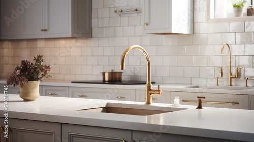 A kitchen detail with white cabinets  gold faucet and light hanging over the island  and a tiled backsplash