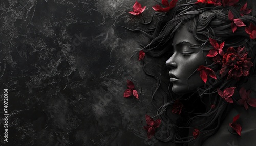 Abstract black background, 3d rendering of a black woman with red flowers on black textured background © Katsiaryna