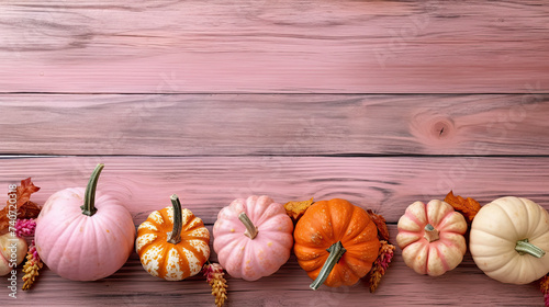 A group of pumpkins with dried autumn leaves and twigs, on a light pink color wood boards