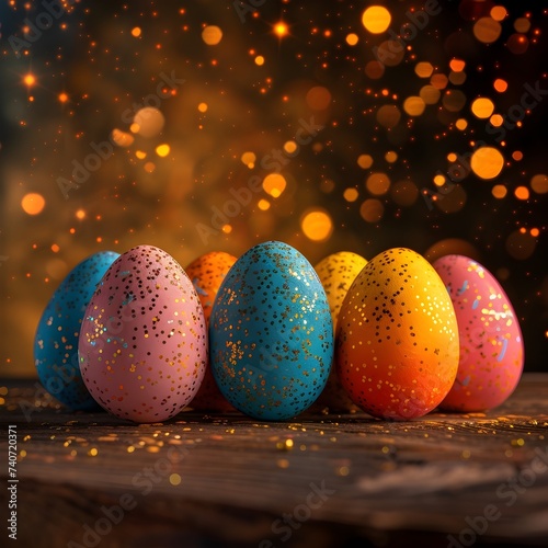 Easter table setting with blue painted eggs in ceramic vase and candles on rustic wooden table. Generative AI