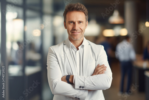 happy businessman ceo, man, standing in office arms crossed, in light jacket and white shirt © -=RRZMRR=-