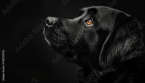 Black wallpaper. Portrait of a black Labrador Retriever on a black background © Katsiaryna
