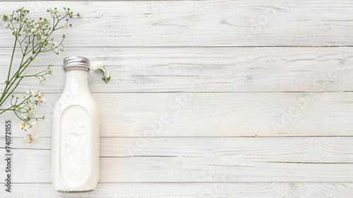 Pouring homemade kefir, buttermilk or yogurt with probiotics. Yogurt flowing from glass bottle on white wooden background. Probiotic cold fermented dairy drink. Trendy food and drink. Copy space left