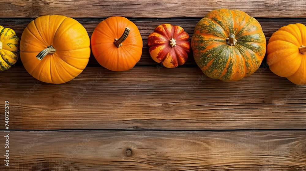A group of pumpkins with dried autumn leaves and twigs, on a colorful color wood boards A group of pumpkins with dried autumn leaves and twigs, on a colorful color wood boards