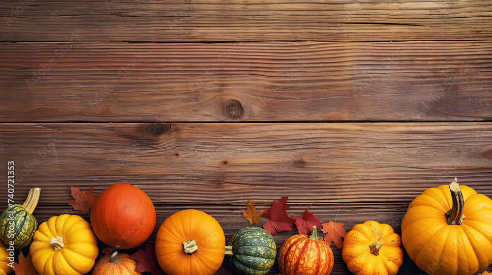 A group of pumpkins with dried autumn leaves and twigs, on a colorful color wood boards A group of pumpkins with dried autumn leaves and twigs, on a colorful color wood boards