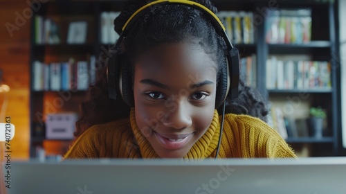 Smiling young african american teen girl wear headphones video calling on laptop. Happy mixed race pretty woman student looking at computer screen watching webinar or doing video chat by webcam. photo