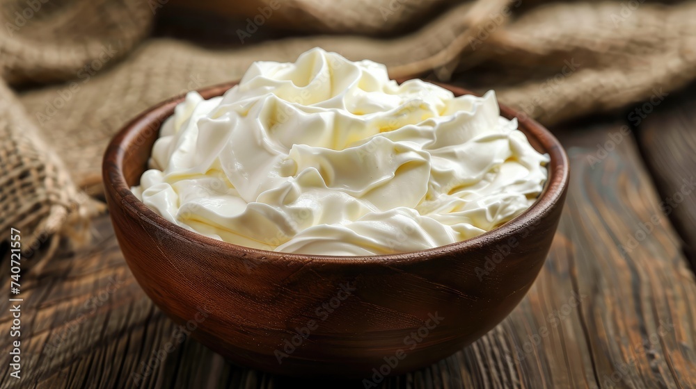 sour cream or yogurt in wooden bowl sour cream or yogurt in wooden bowl