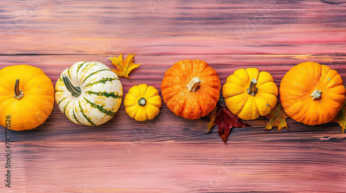 A group of pumpkins with dried autumn leaves and twigs  on a colorful color wood boards