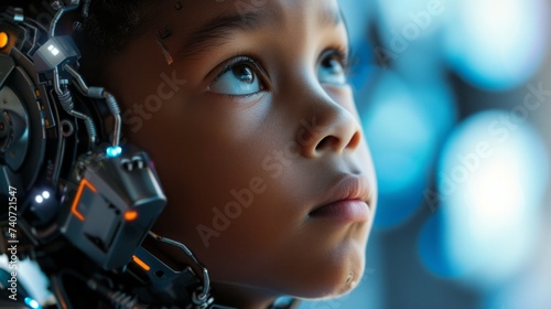 Portrait of a cyborg robot child with technical elements and sensors on his face and head. Concept for the development of a technological new generation of children, banner with copyspace photo