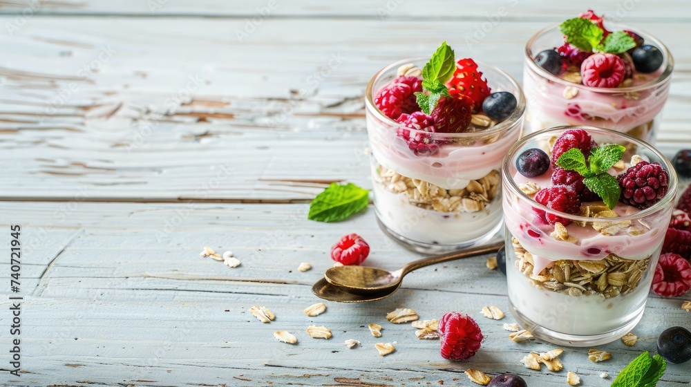 two glasses of healthy strawberry yogurt with fresh berries, oats spoon and mint on white wooden table. healthy breakfast. close up with copy space two glasses of healthy strawberry yogurt with fresh berries, oats spoon and mint on white wooden table. healthy breakfast. close up with copy space