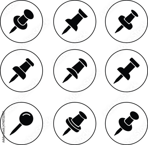 Push pin icons set. Thumbtack for note attach. Paperclip symbol Pushpin flat and line style collection isolated transparent background A needle for fixing on a board or map stock vector for web or app