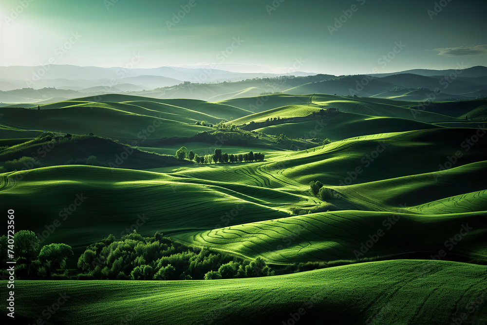 Fototapeta premium A serene landscape of rolling green hills, highlighted by sunlight, creating a peaceful and picturesque natural scenery, ai generative