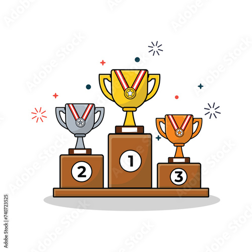 Trophies on Podium Line Vector Illustration.  Winner 1st 2st and 3st Position photo