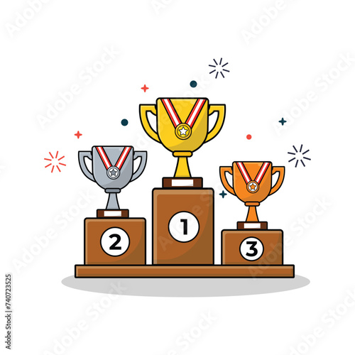 Trophies on Podium Line Vector Illustration.  Winner 1st 2st and 3st Position