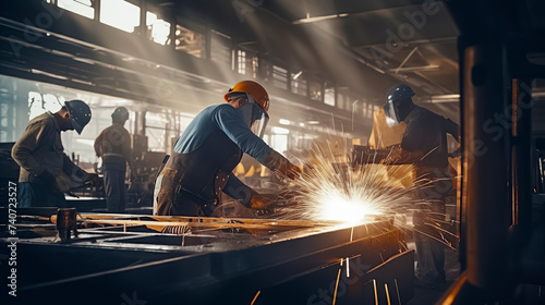 Workers in a workshop, welding metal, sparks flying, wearing safety gear, illuminated by natural and artificial light, ai generative