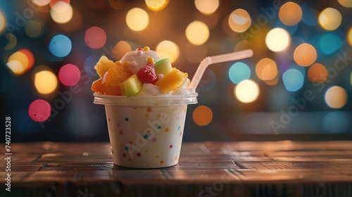 Creamy vanilla frozen yogurt topped with fresh tropical fruit served in a plastic takeaway tub with a disposable teaspoon on a wooden table with a background bokeh of party lights photo
