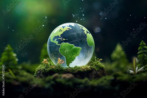 A globe depicting Earth rests on moss, surrounded by greenery, under a starry sky, illustrating nature and cosmos unity, ai generative