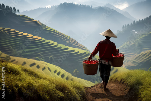 man in red carries baskets amid misty, green terraced fields, wearing a conical hat, evoking a serene atmosphere, ai generative