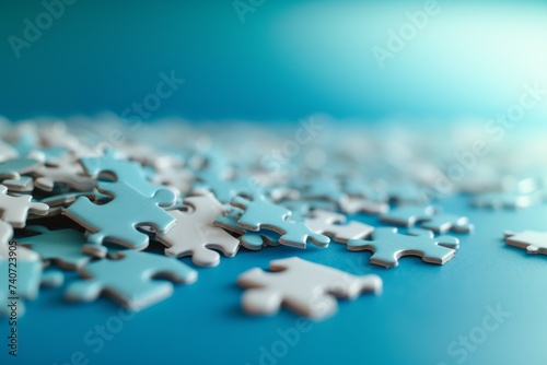 Scattered white and blue Puzzle Pieces on Blue Background photo
