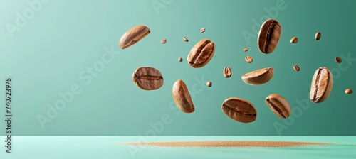 Levitating roasted coffee beans on pastel background with copy space coffee product concept.