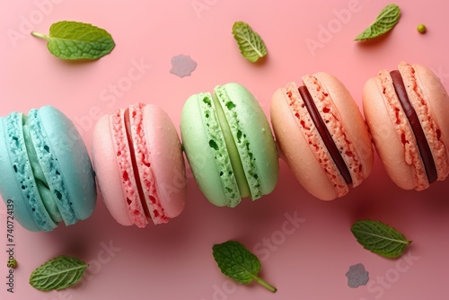 A row of assorted macarons in pastel colors complemented by fresh mint leaves on a pink surface