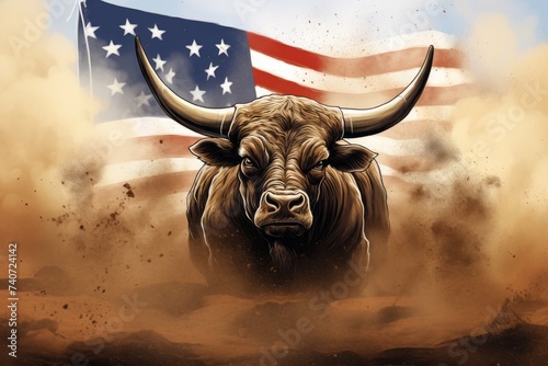 A large bull against the background of the American flag as a symbol of the state of Texas. Revolution or bullfight concept