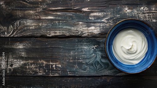 Greek yogurt in blue bowl on rustic wooden table top view